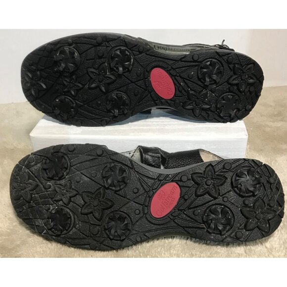 Golfstream Womens  Black Leather Strappy Sandals Size 9M With Floral Sole Design - Picture 11 of 14
